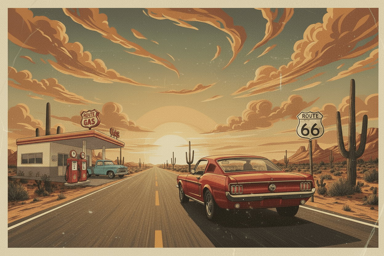 Automobile & Route 66 - Tshirt Vintage Factory