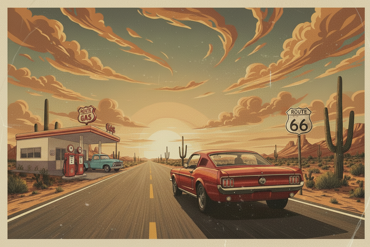 Automobile & Route 66 avec station essence chez T-shirt Vintage Factory