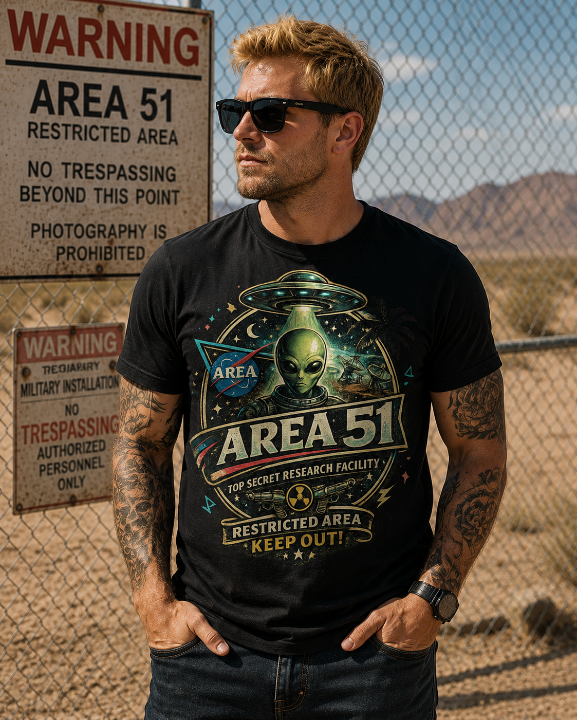 T-shirt vintage Area 51 Restricted Area design rétro sci-fi années 70-80 OVNI alien – Tshirt Vintage Factory