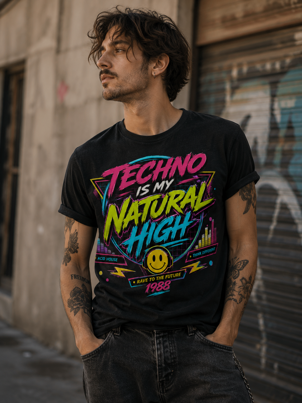 T-shirt vintage Techno Is My Natural High 1988 design rave acid house rétro – Tshirt Vintage Factory