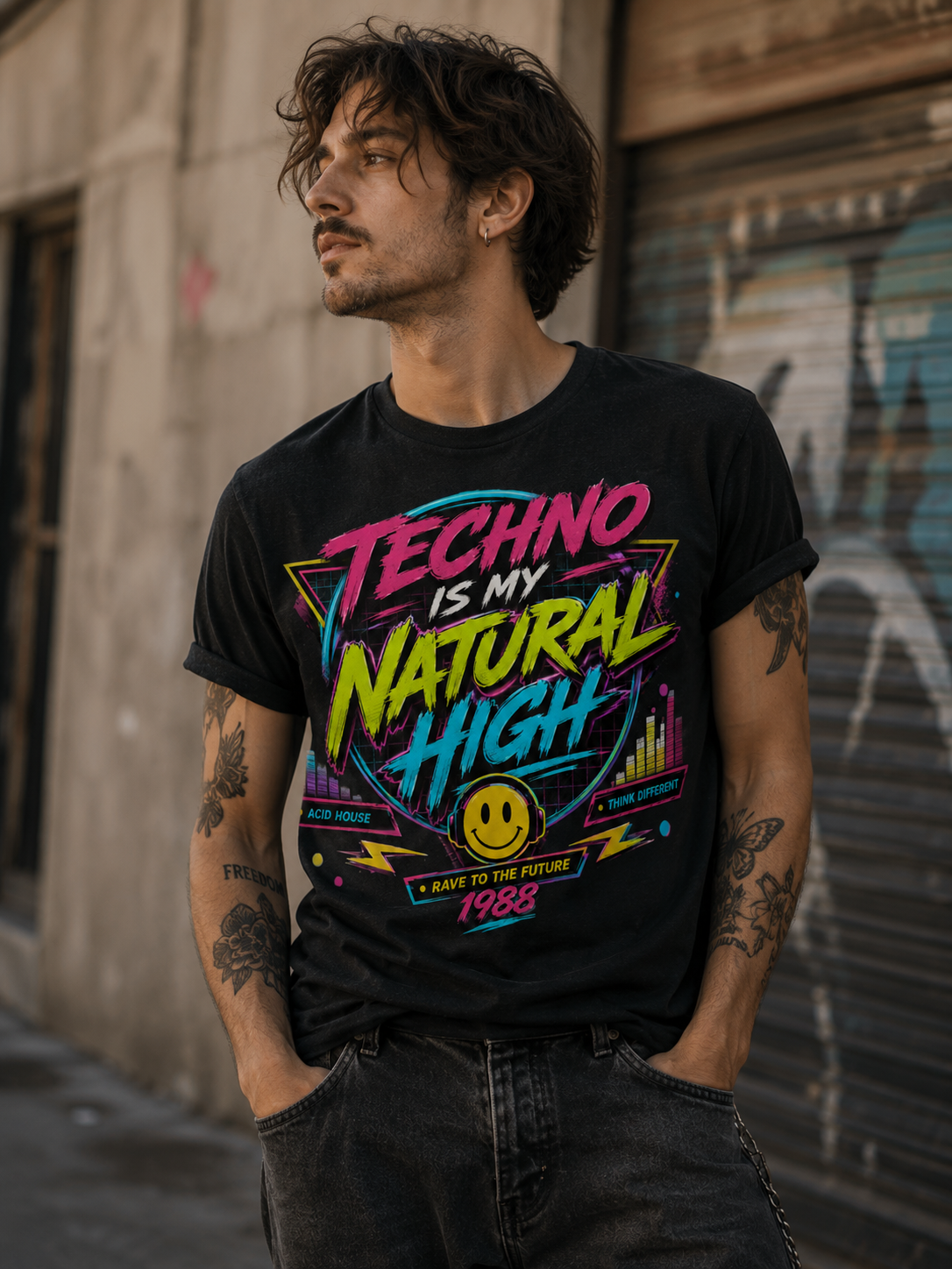 T-shirt vintage Techno Is My Natural High 1988 design rave acid house rétro – Tshirt Vintage Factory