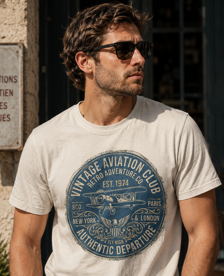 T-shirt vintage Aviation Club 1974 inspiré voyages Paris New York London design aviateur rétro – Tshirt Vintage Factory