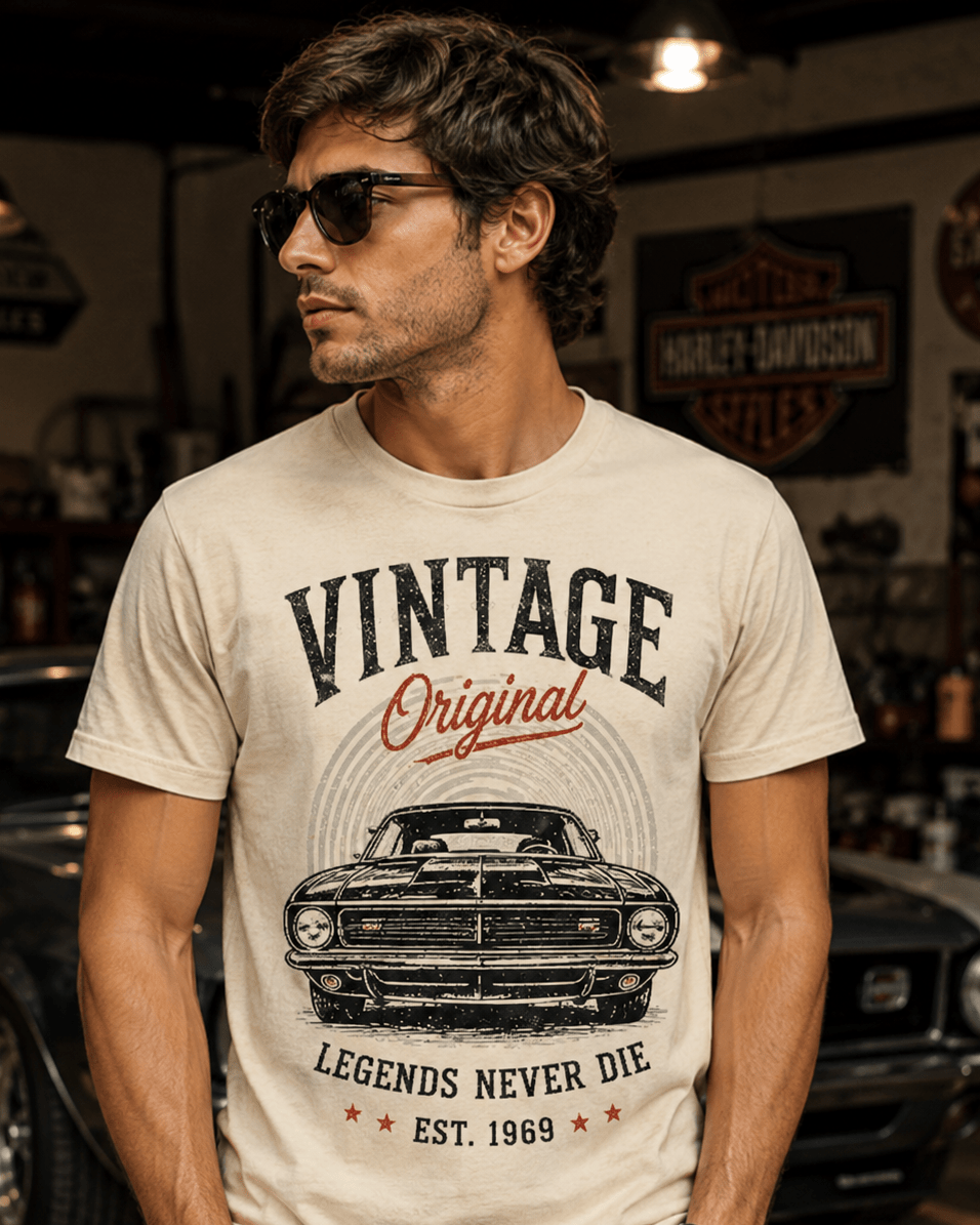 Tshirt Vintage Factory blanc vintage avec imprimé voiture années 60 et texte Original 1969 unisexe.