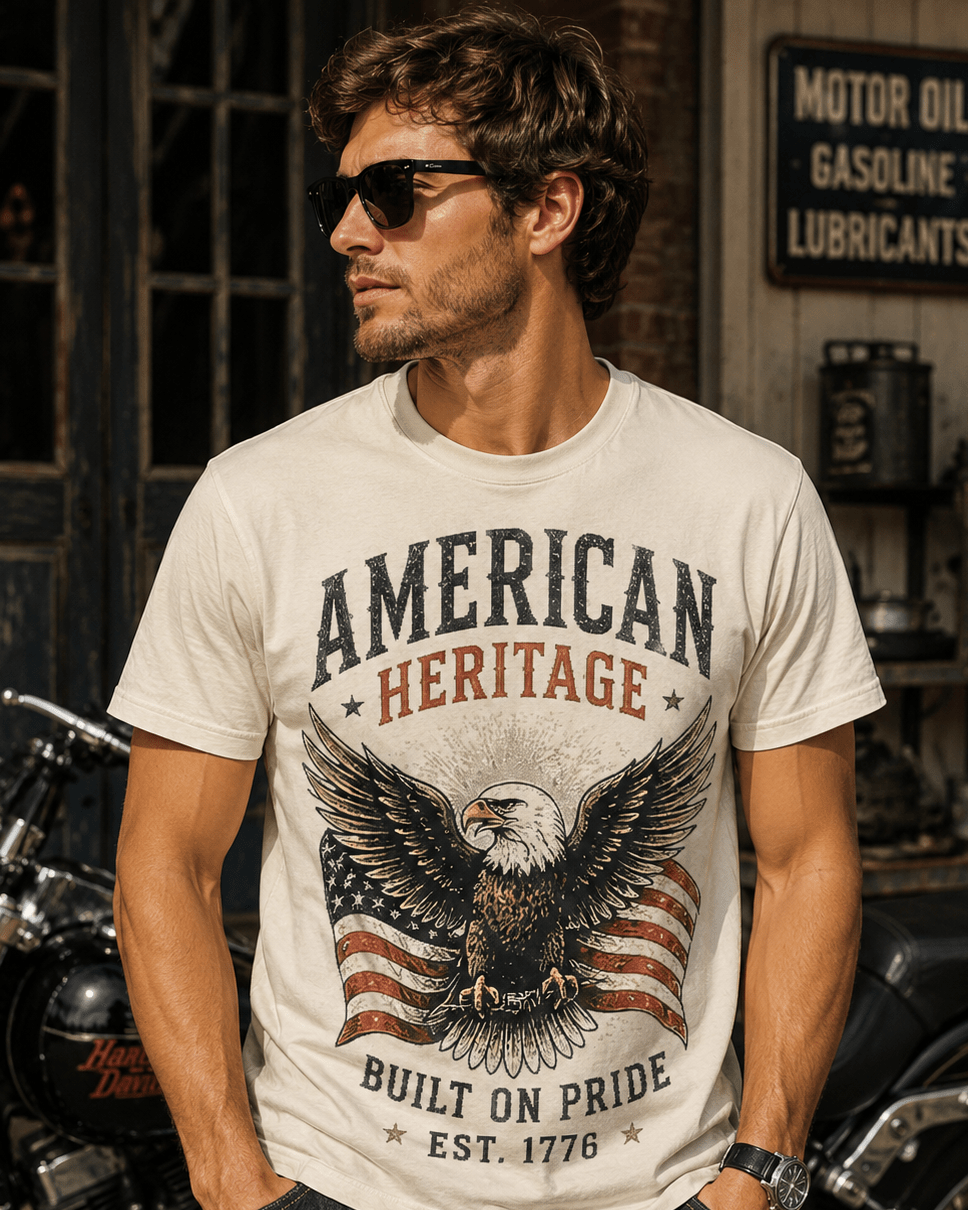 T-shirt vintage blanc Tshirt Vintage Factory avec aigle américain et drapeaux patriotiques.