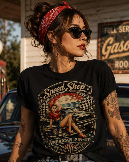 T-shirt vintage American Pin-Up Speed Shop esprit garage muscle car Route 66 années 60-70 – Tshirt Vintage Factory