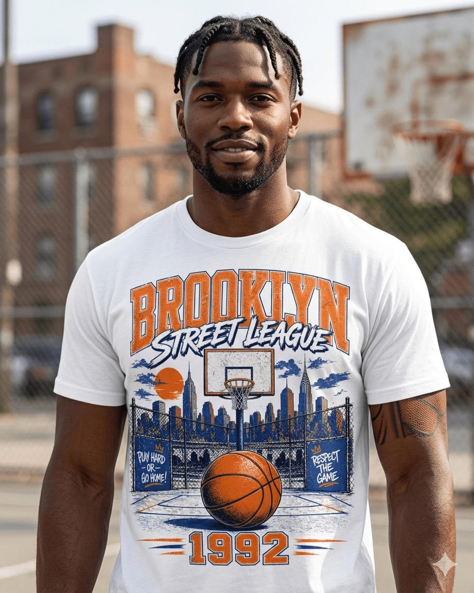 T-shirt Vintage Factory blanc unisexe Brooklyn Street League 1992 avec graphisme basketball années 90.