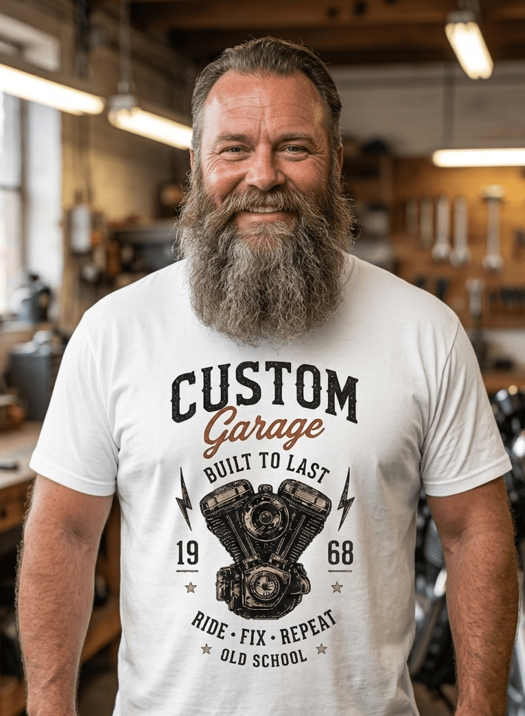 T-shirt Vintage Factory blanc unisexe Custom Garage 1968 avec moto rétro noir et orange.
