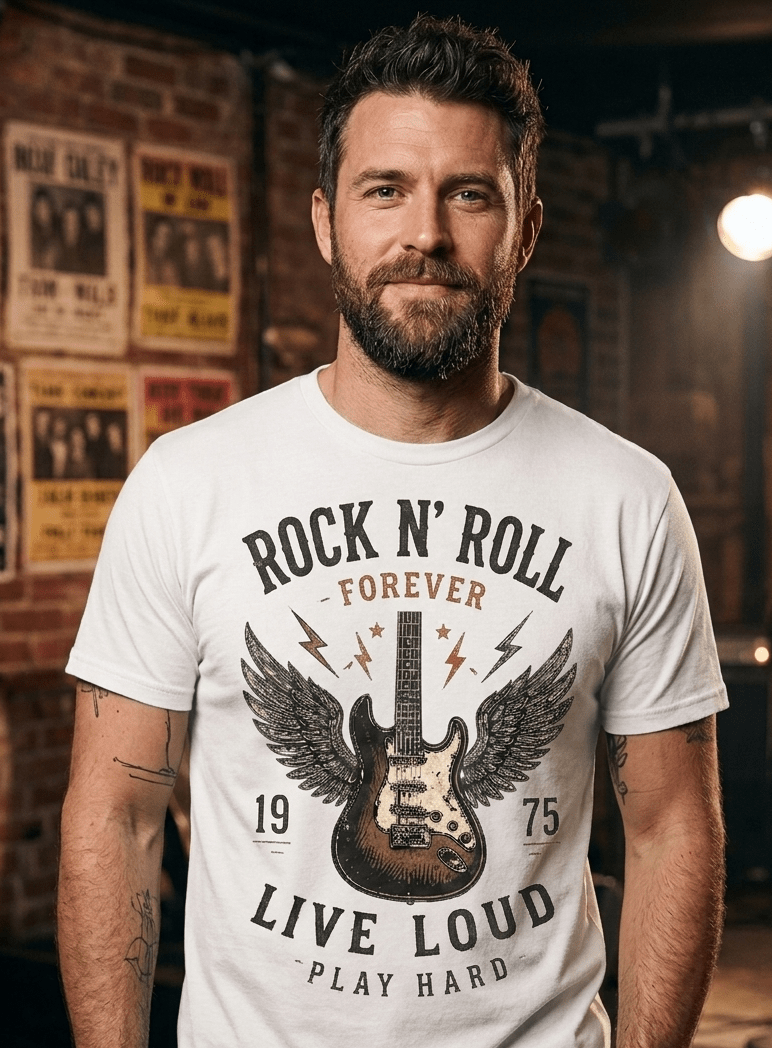 T-shirt blanc unisexe Tshirt Vintage Factory Rock N’ Roll Forever 1975 avec guitare vintage imprimée.