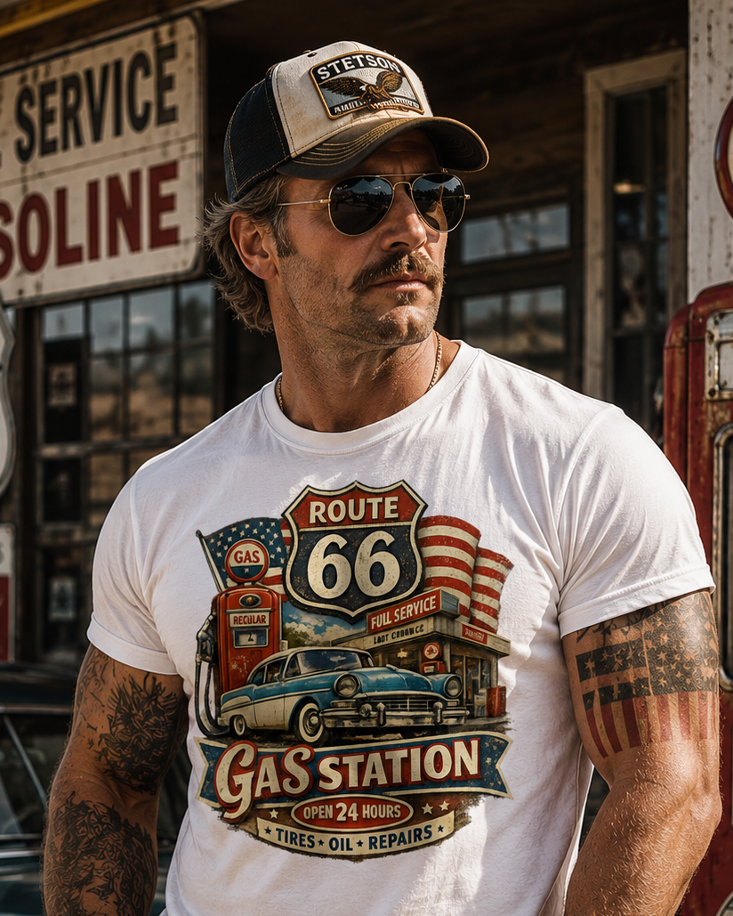 T-shirt vintage Route 66 Gas Station inspiré stations américaines années 60 road trip rétro – Tshirt Vintage Factory