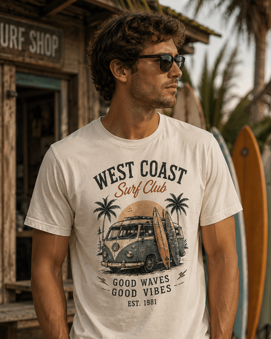 T-shirt blanc vintage West Coast Surf Club 1981 avec van surf et palmiers, style Tshirt Vintage Factory.