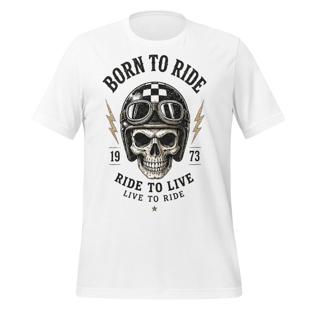 T-shirt blanc unisexe avec crâne vintage casqué et texte Born To Ride 1973, style Tshirt Vintage Factory.