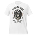 T-shirt blanc unisexe avec crâne vintage casqué et texte Born To Ride 1973, style Tshirt Vintage Factory.
