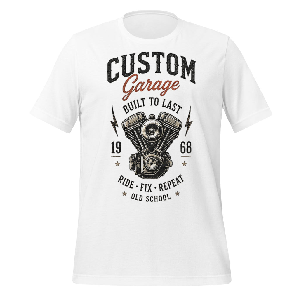 T-shirt blanc unisexe vintage avec imprimé moteur Custom Garage 1968 style Factory années 60.