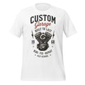 T-shirt blanc unisexe vintage avec imprimé moteur Custom Garage 1968 style Factory années 60.