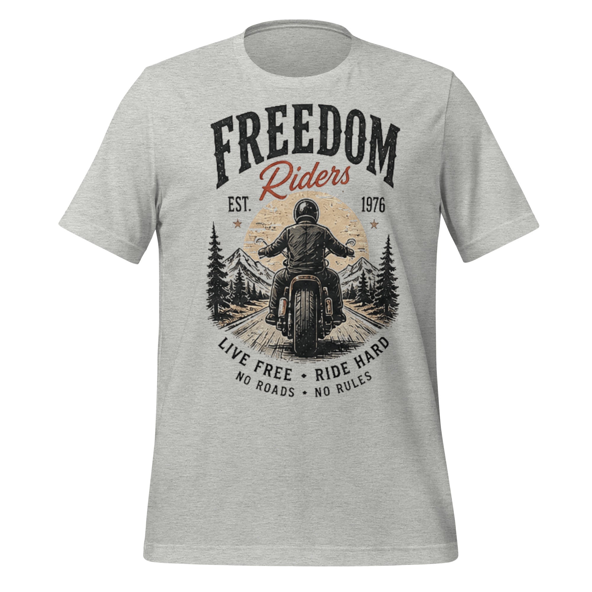 T-shirt unisexe gris chiné Vintage Factory avec motif Freedom Riders 1976 motard retro.
