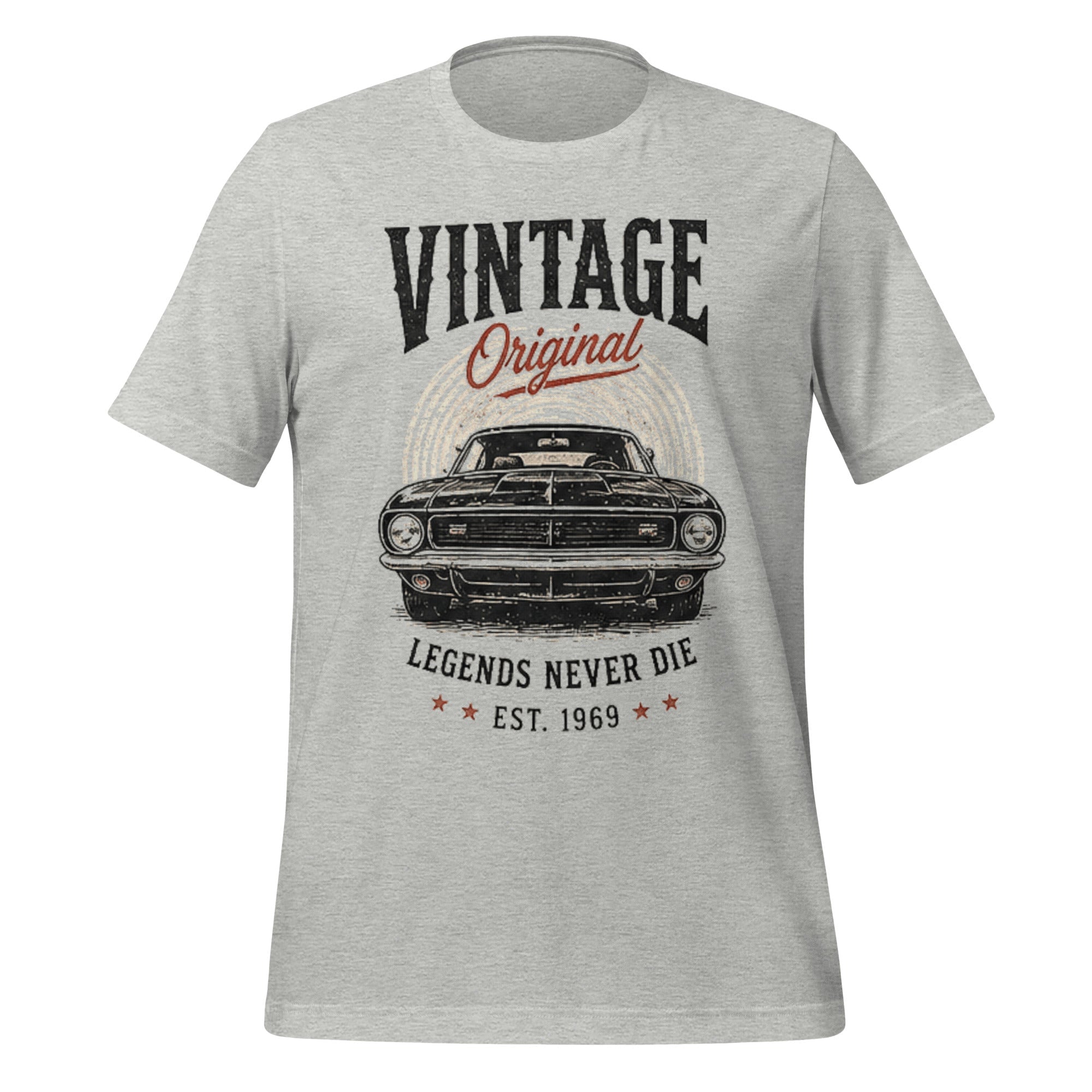 T-shirt unisexe gris chiné Vintage Factory 1969 avec imprimé voiture classique et texte vintage original.