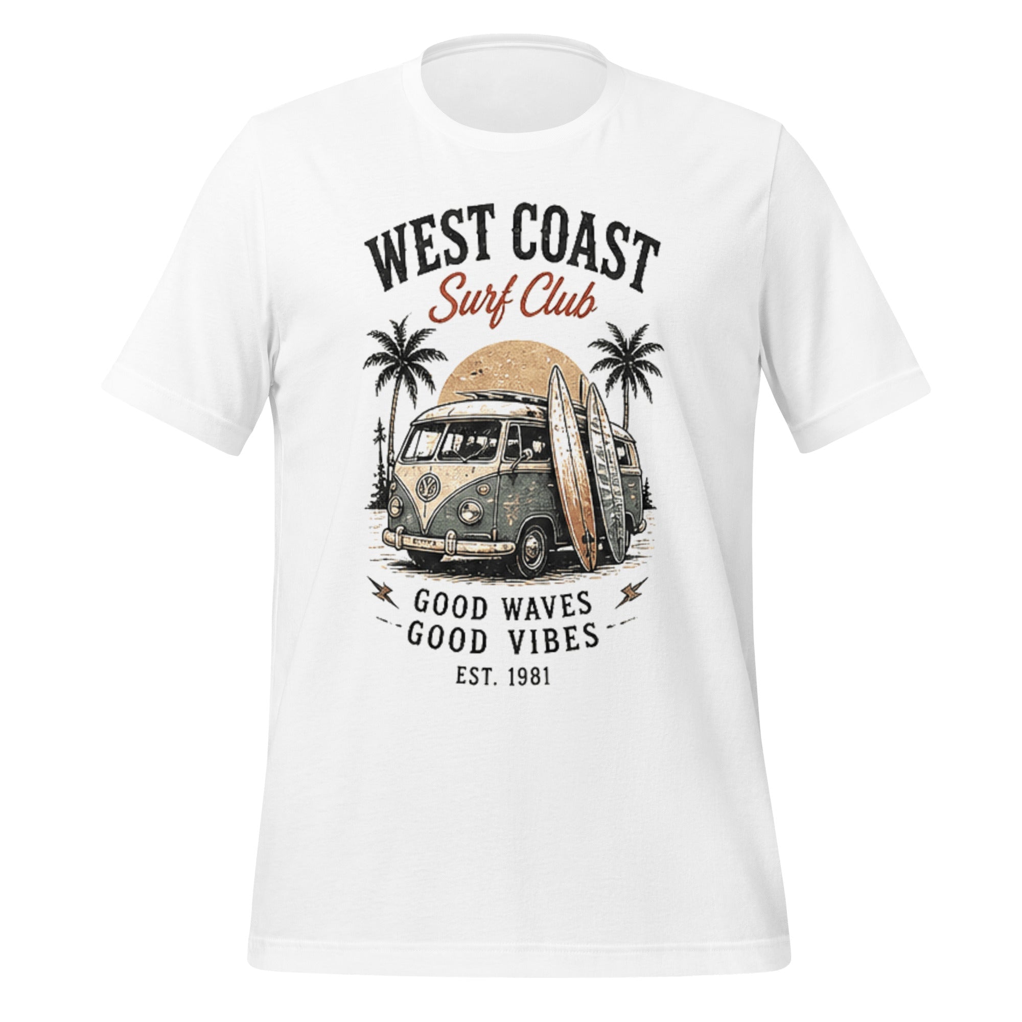 T-shirt blanc unisexe coton avec motif vintage van surf, palmiers et texte West Coast Surf Club 1981, style Tshirt Vintage.