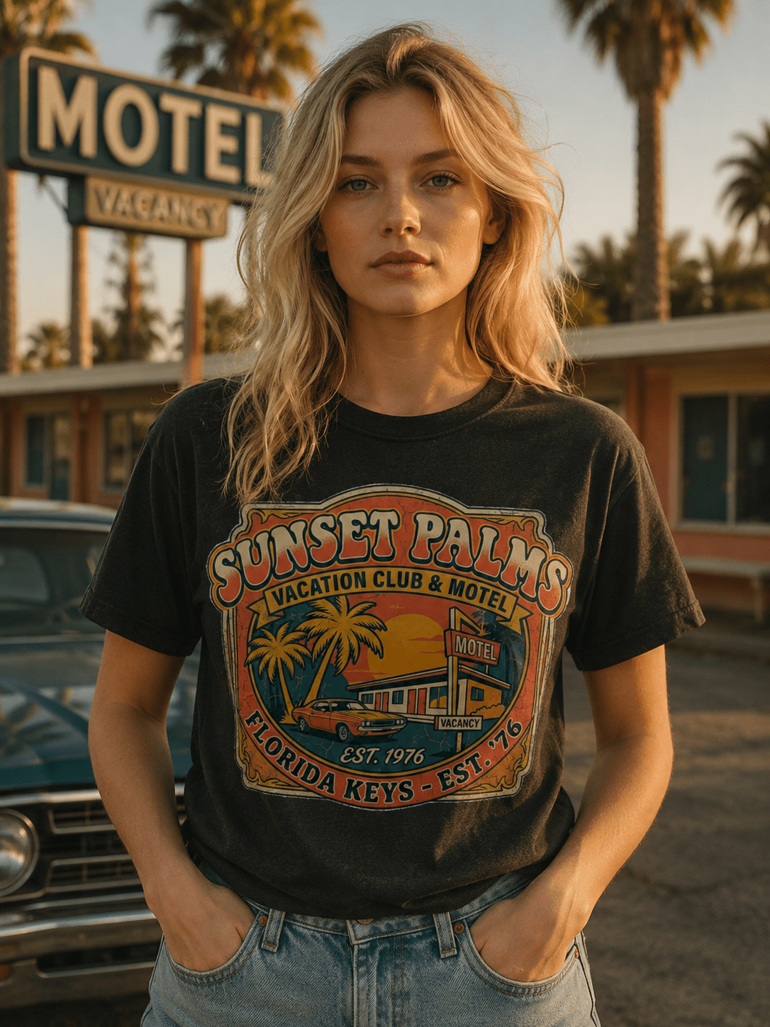 T-Shirt Vintage Sunset Palms – Vacation Club & Motel - Tshirt Vintage Factory